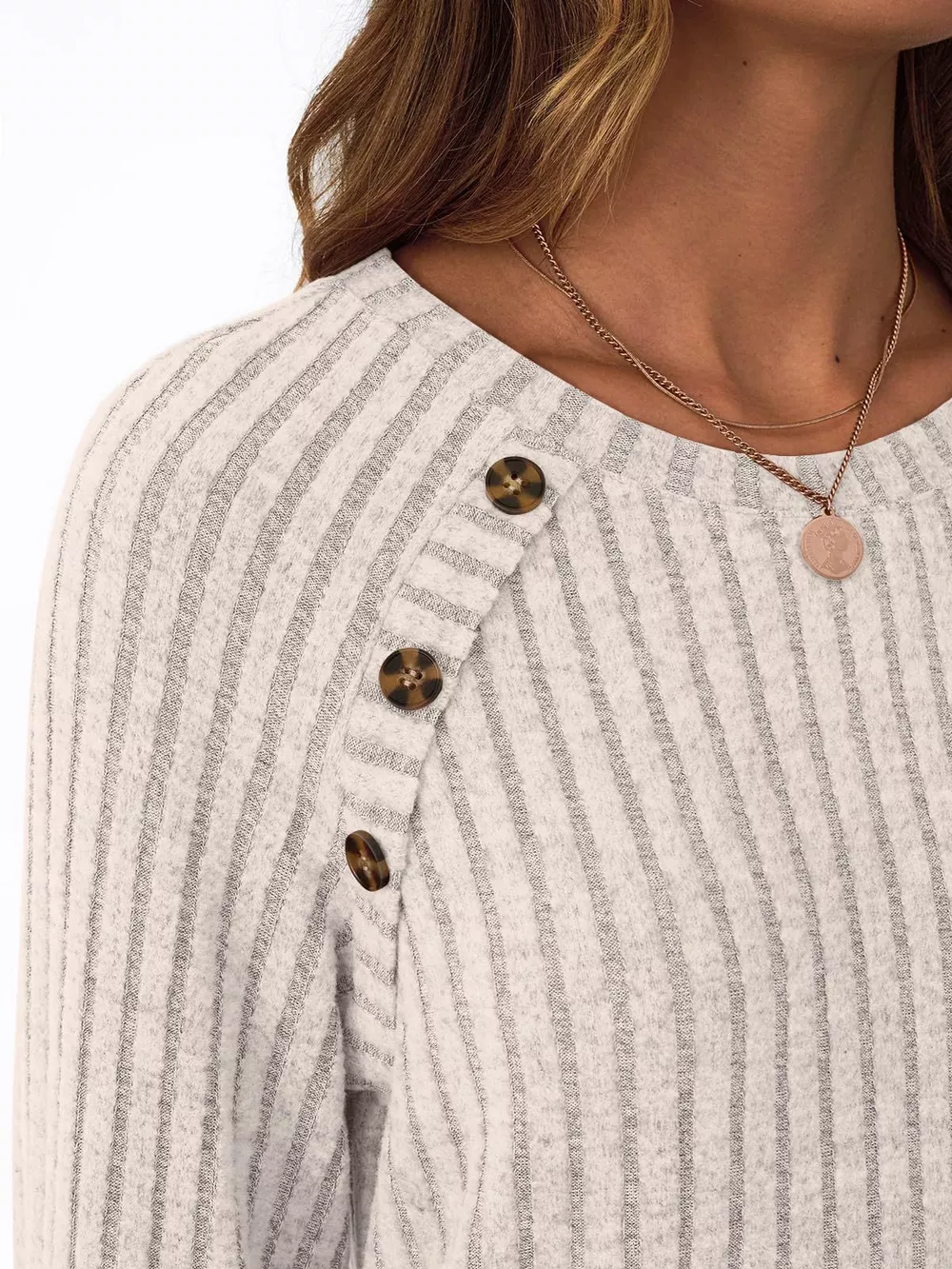Ribbed Knit Decor Button Long Sleeve T-Shirt, image 3