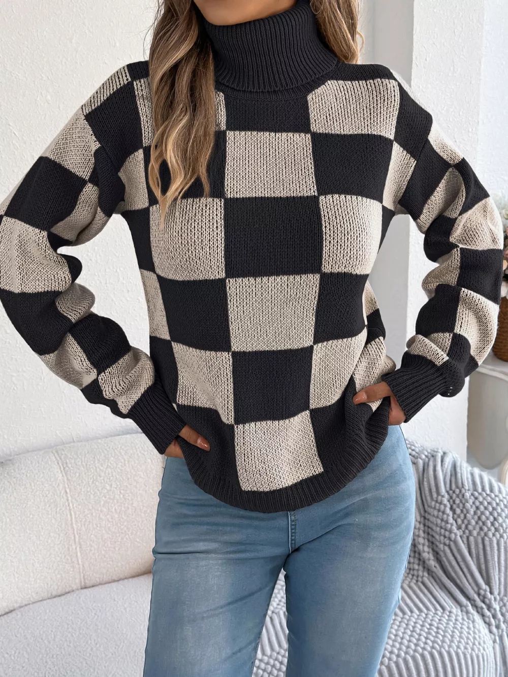 Checkered Turtleneck Long Sleeve Sweater, image 10