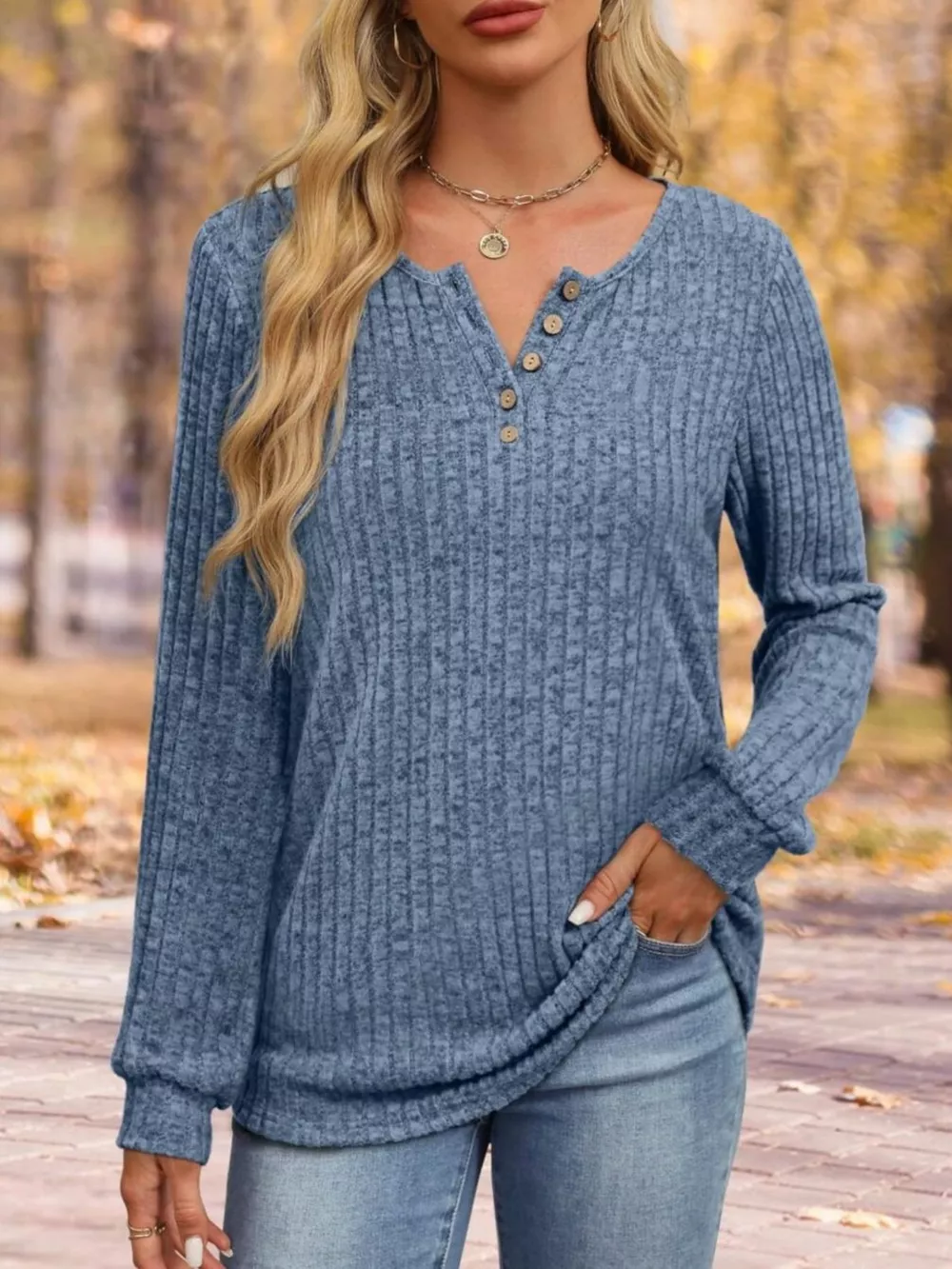 Ribbed Knit Button-Front Long Sleeve T-Shirt, image 13