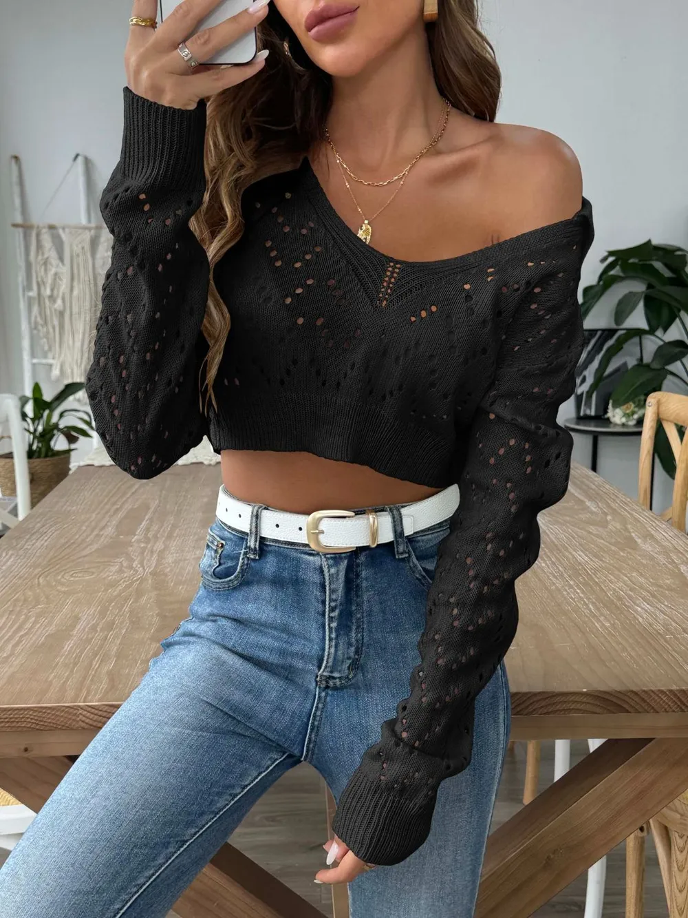 Openwork Collared Neck Long Sleeve Knit Top, image 3