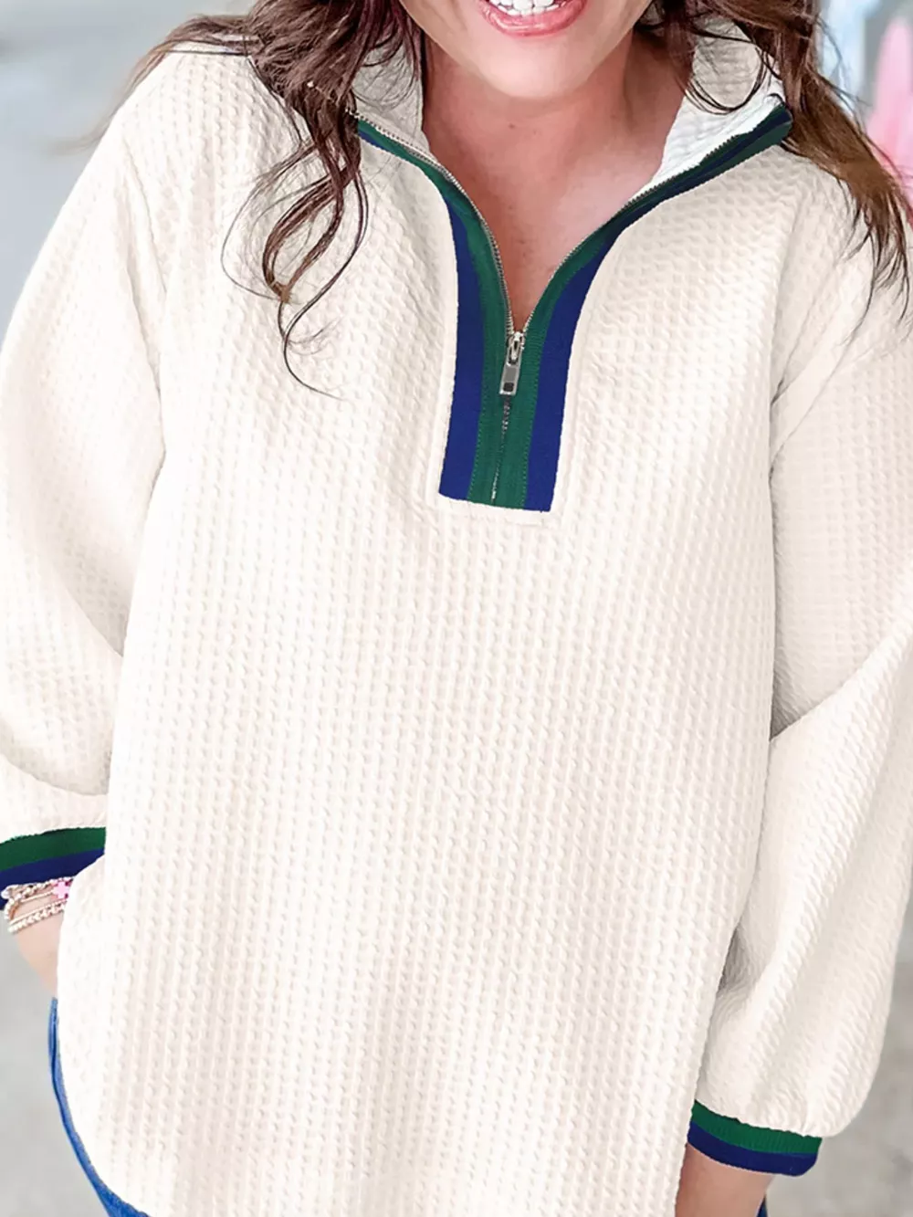 Textured Waffle Knit Half-Zip Sweatshirt, image 3