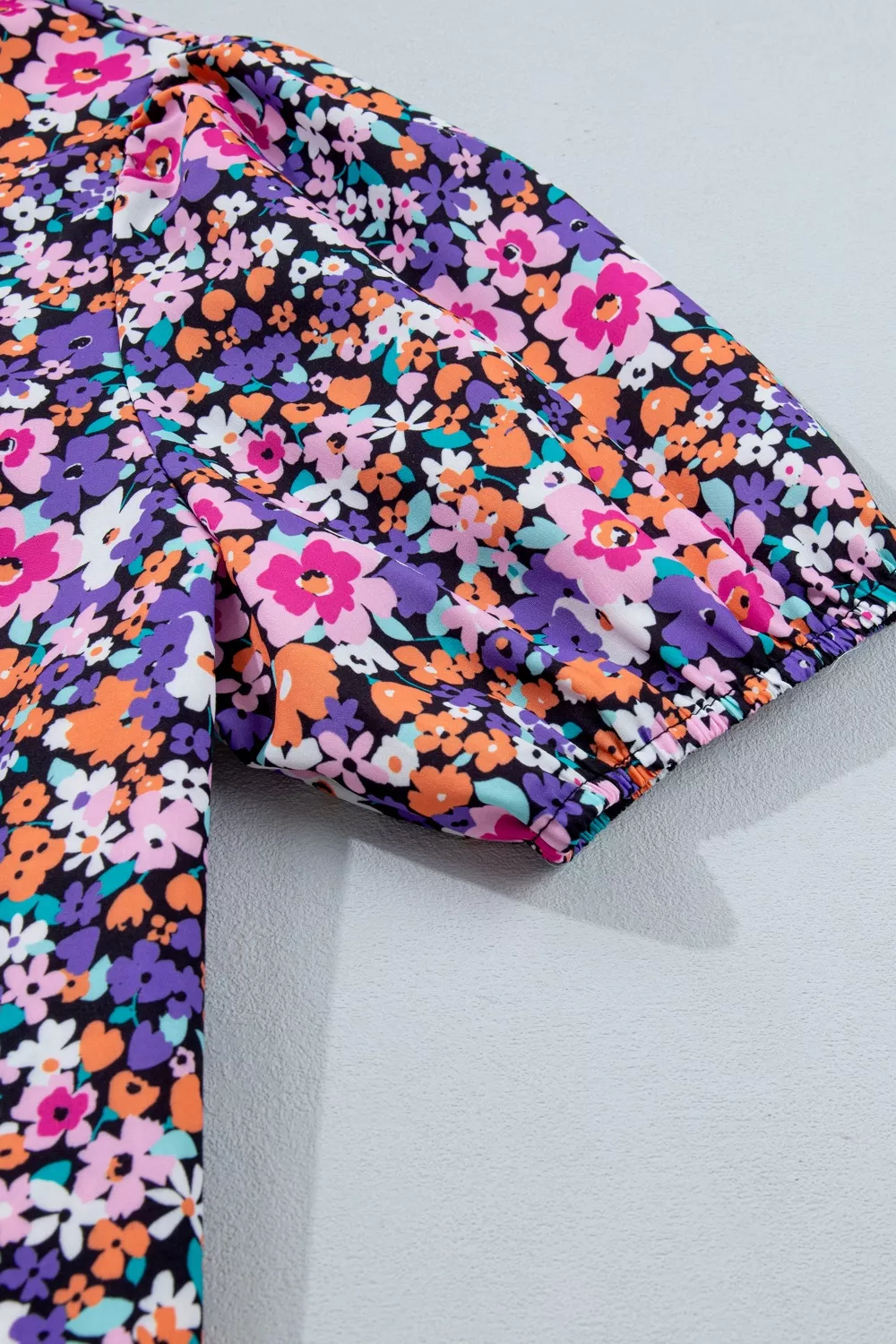 Ditsy Floral Print Plaid Colorblock Trim V Neck Blouse, image 10