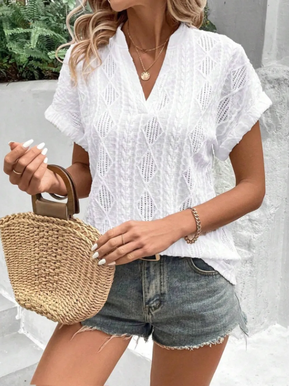 Openwork Notched Short Sleeve Blouse, image 10