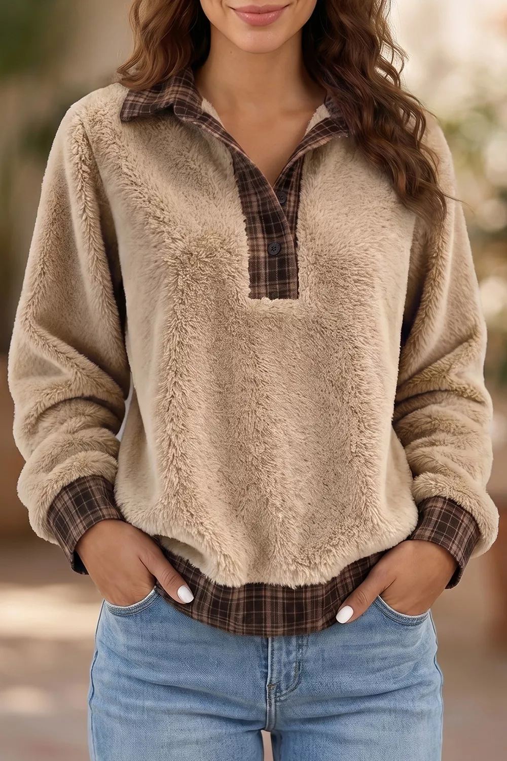 Plaid Collar Button Front Fleece Pullover Sweatshirt, image 3