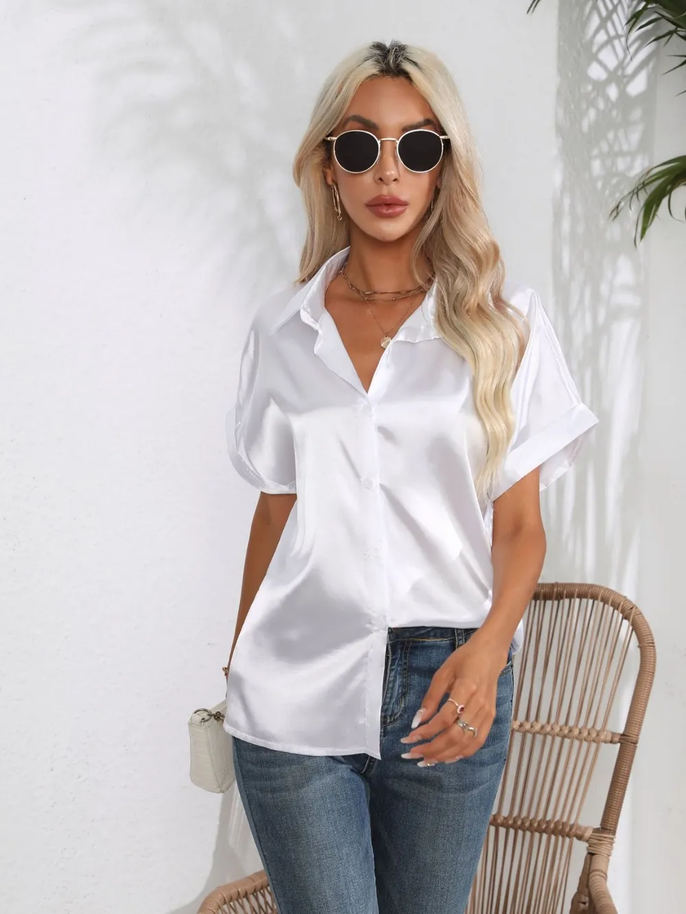 Button Down Collared Neck Short Sleeve Satin Shirt, image 10