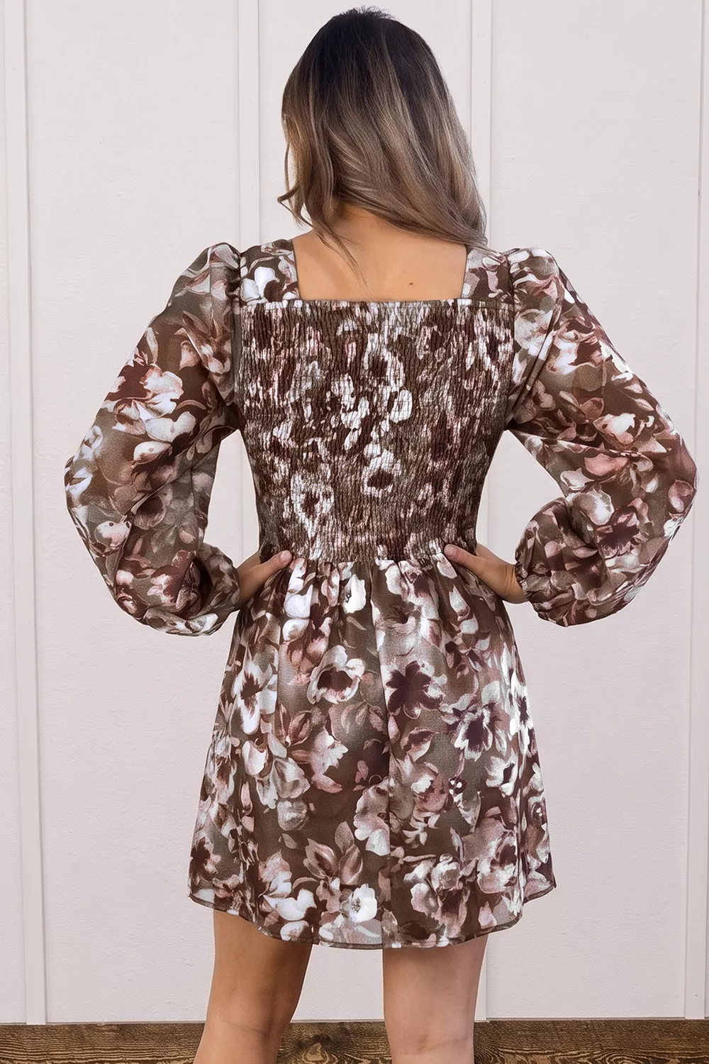 Abstract Floral Print Square Neck Long Sleeve Mini Shift Dress, image 2