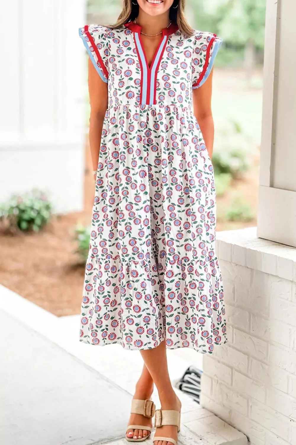 Floral Print Ruffle Sleeve Tiered Midi Dress, image 5