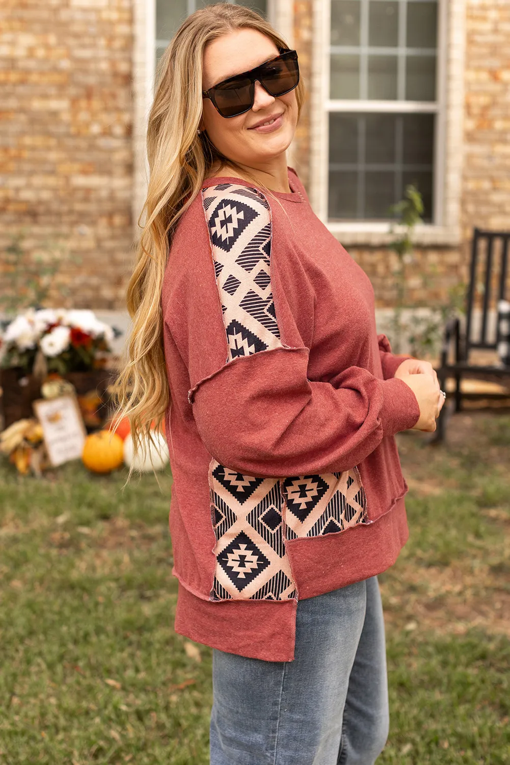 Plus Size Geometric Round Neck Long Sleeve Sweatshirt, image 5
