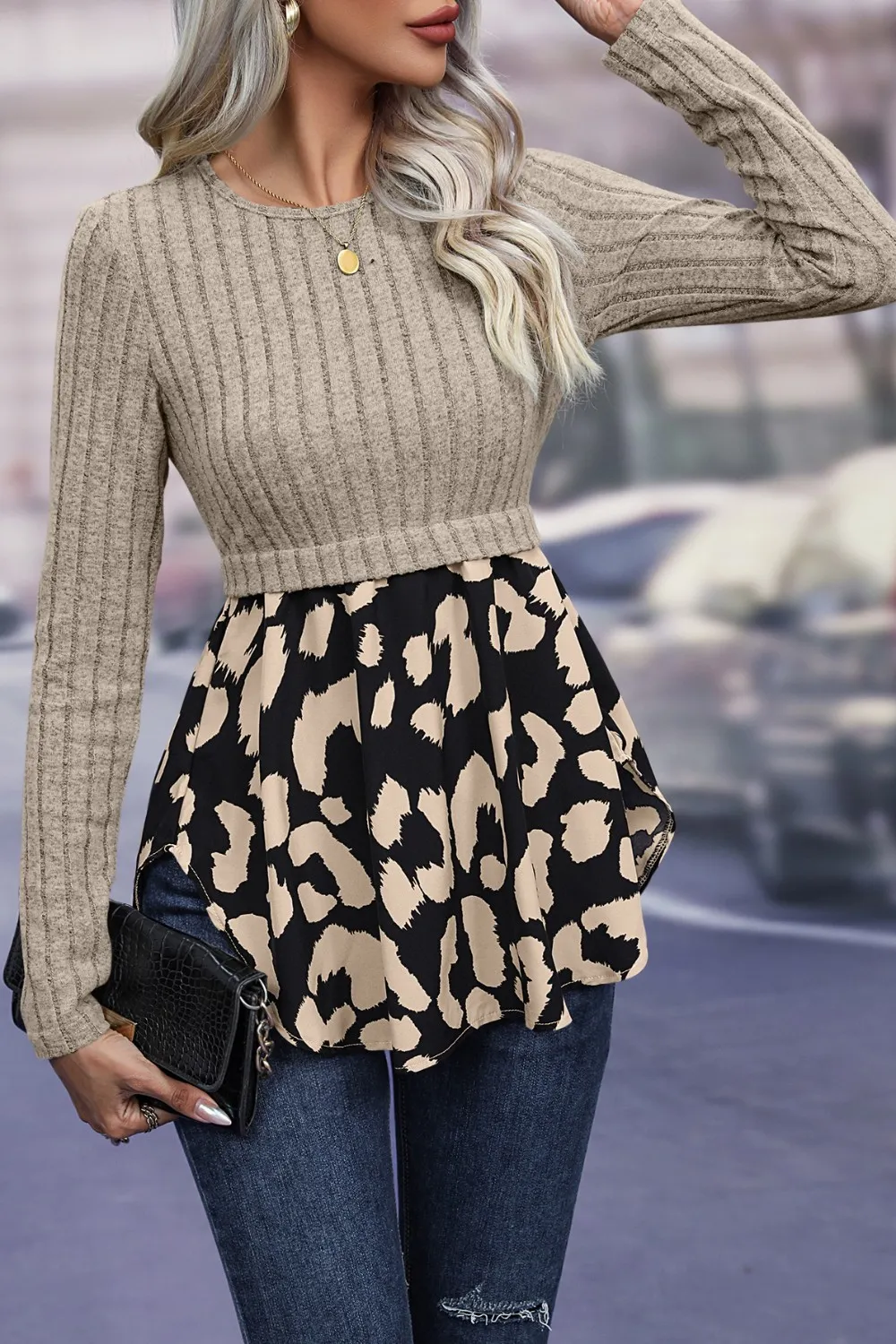 Leopard Peplum Round Neck Blouse, image 2