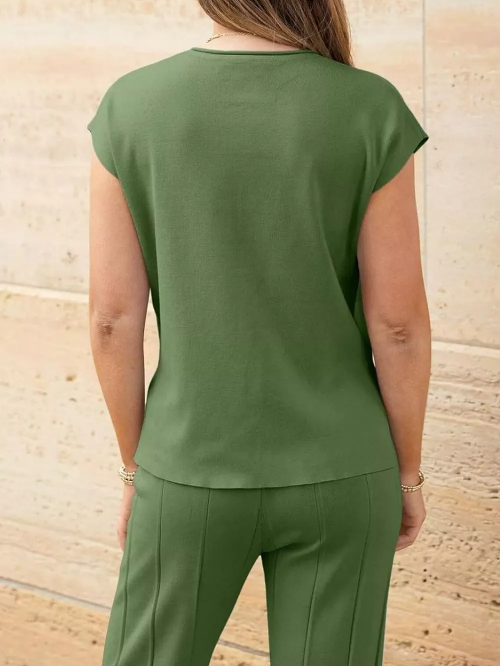 Casual Solid Color Cap Sleeve Top and Pants Knit Set, image 17