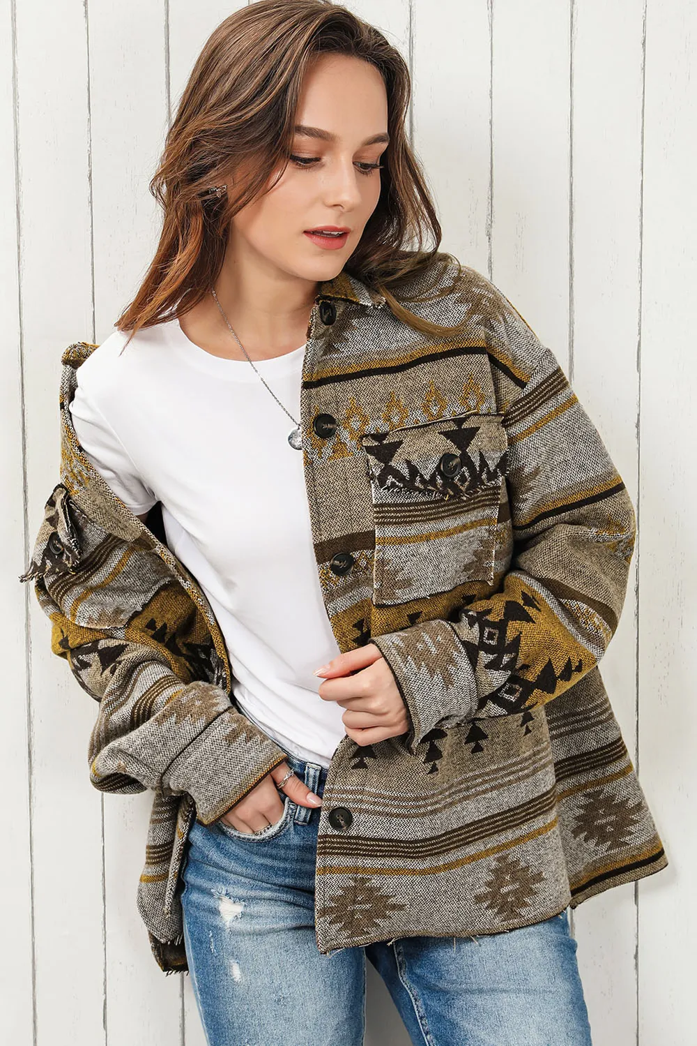 Pocketed Geometric Collared Neck Jacket, image 8