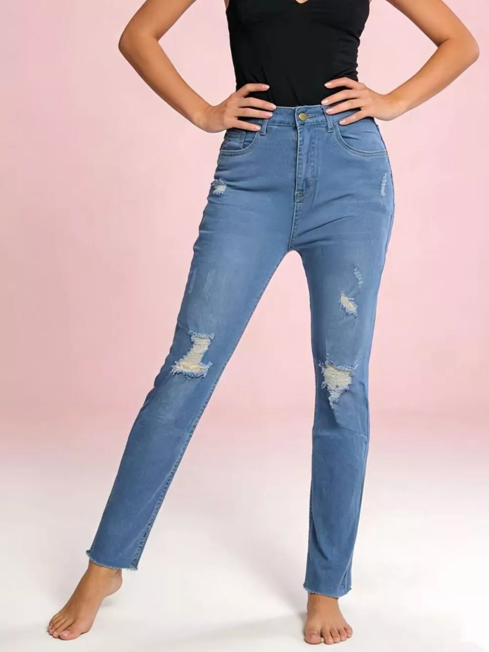 High-Waisted Distressed Jeans, image 3