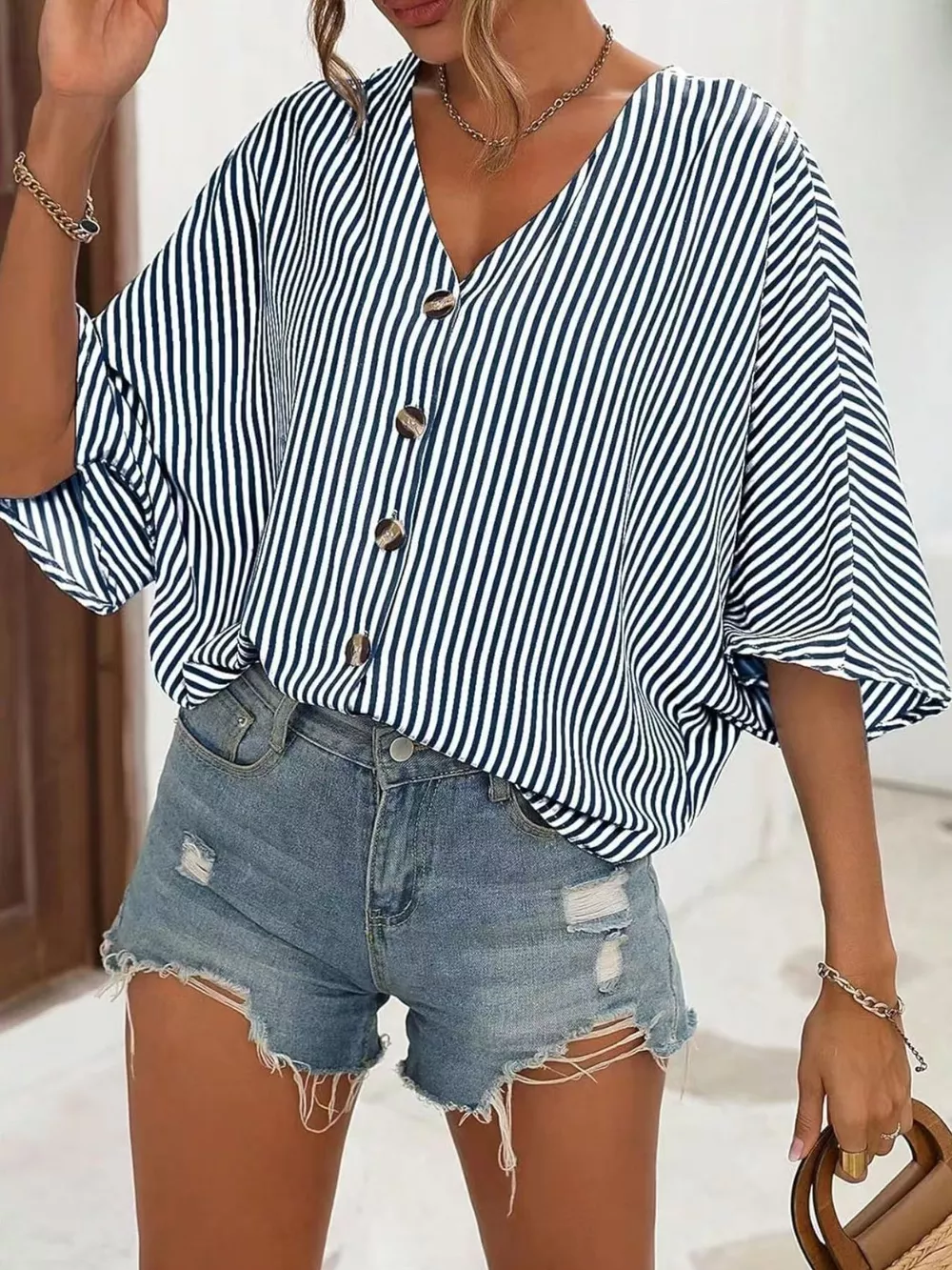 V-Neck Striped Batwing Sleeve Casual Blouse, image 3