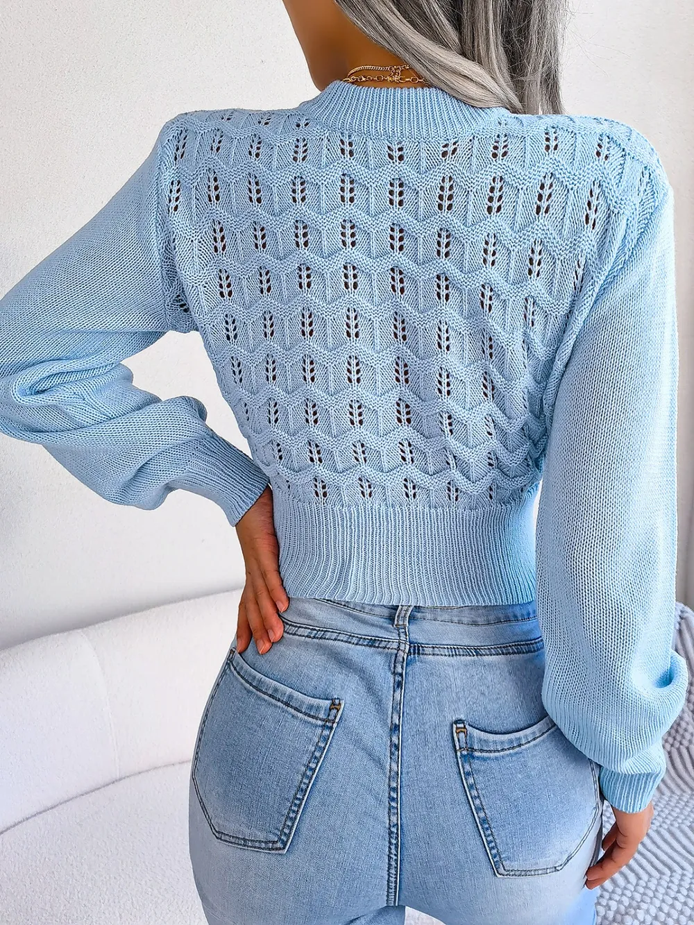 Openwork Mock Neck Long Sleeve Cropped Sweater, image 8