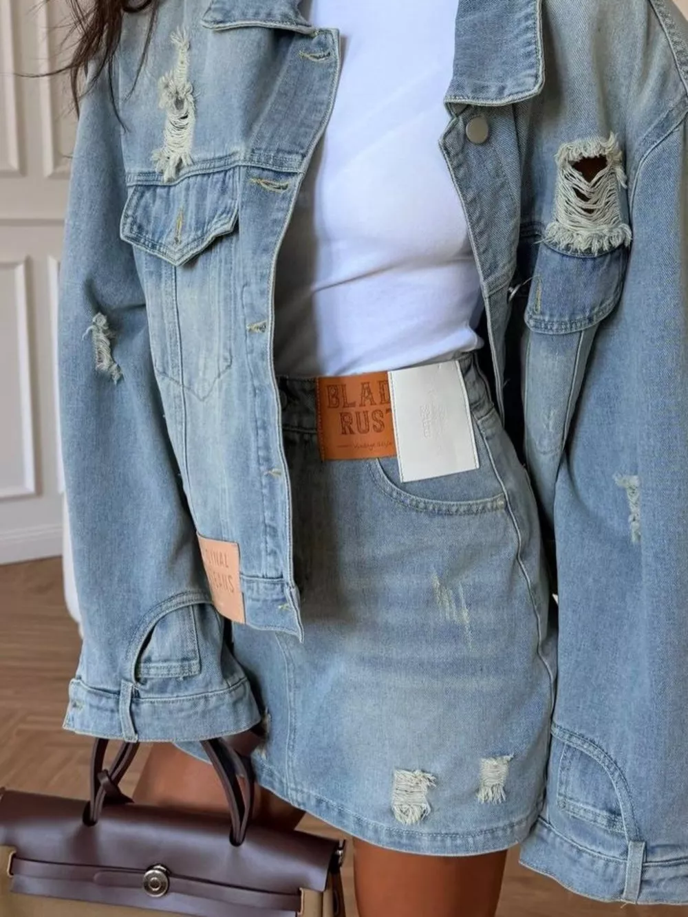 Distressed Denim Jacket and Mini Skirt Set, image 7