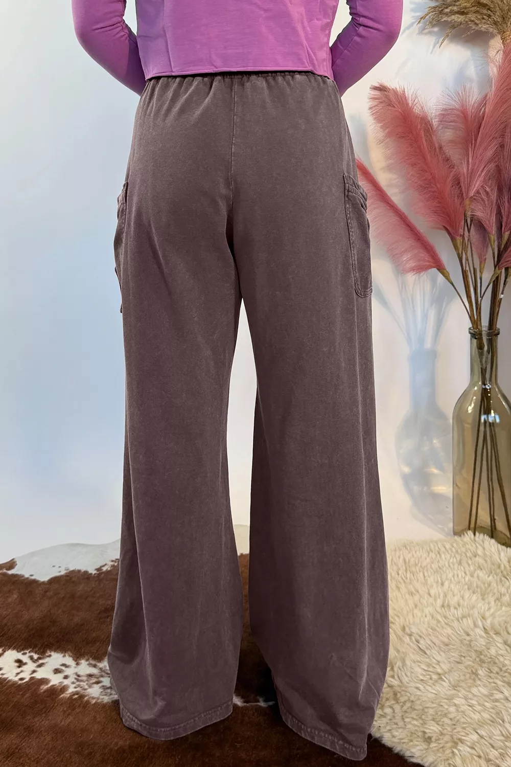 Mineral Wash Elastic Waist Drawstring Tie Detail Cargo Pants, image 3