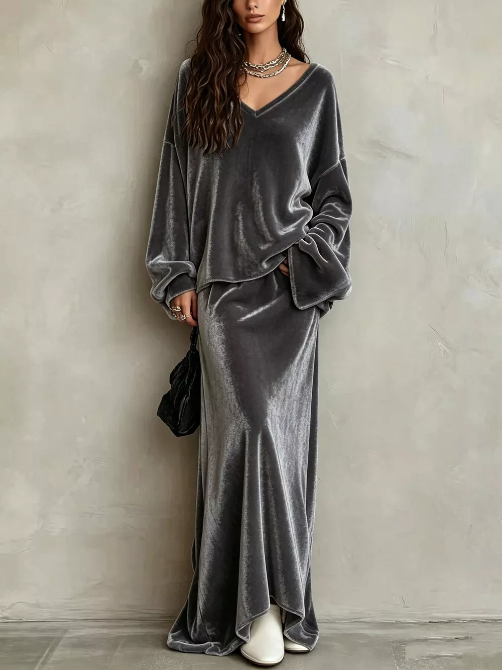 V-Neck Velvet Long Sleeve Top and Maxi Skirt Two-Piece Set, image 12