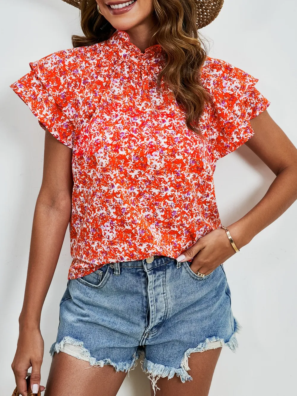 Ditsy Floral Mock Neck Flounce Sleeve Blouse, image 7