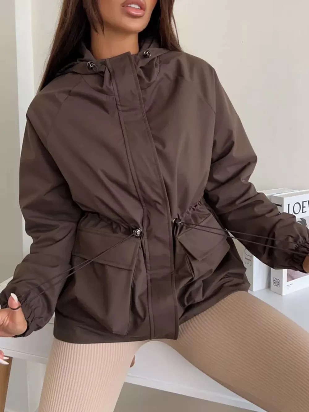 Drawstring Waist Hooded Windbreaker Outerwear
