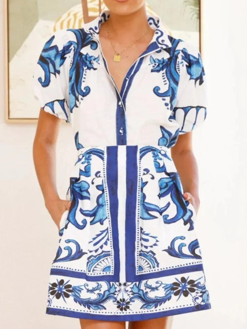 Puff Sleeve Printed Top and Zip Back Skirt Set, image 10