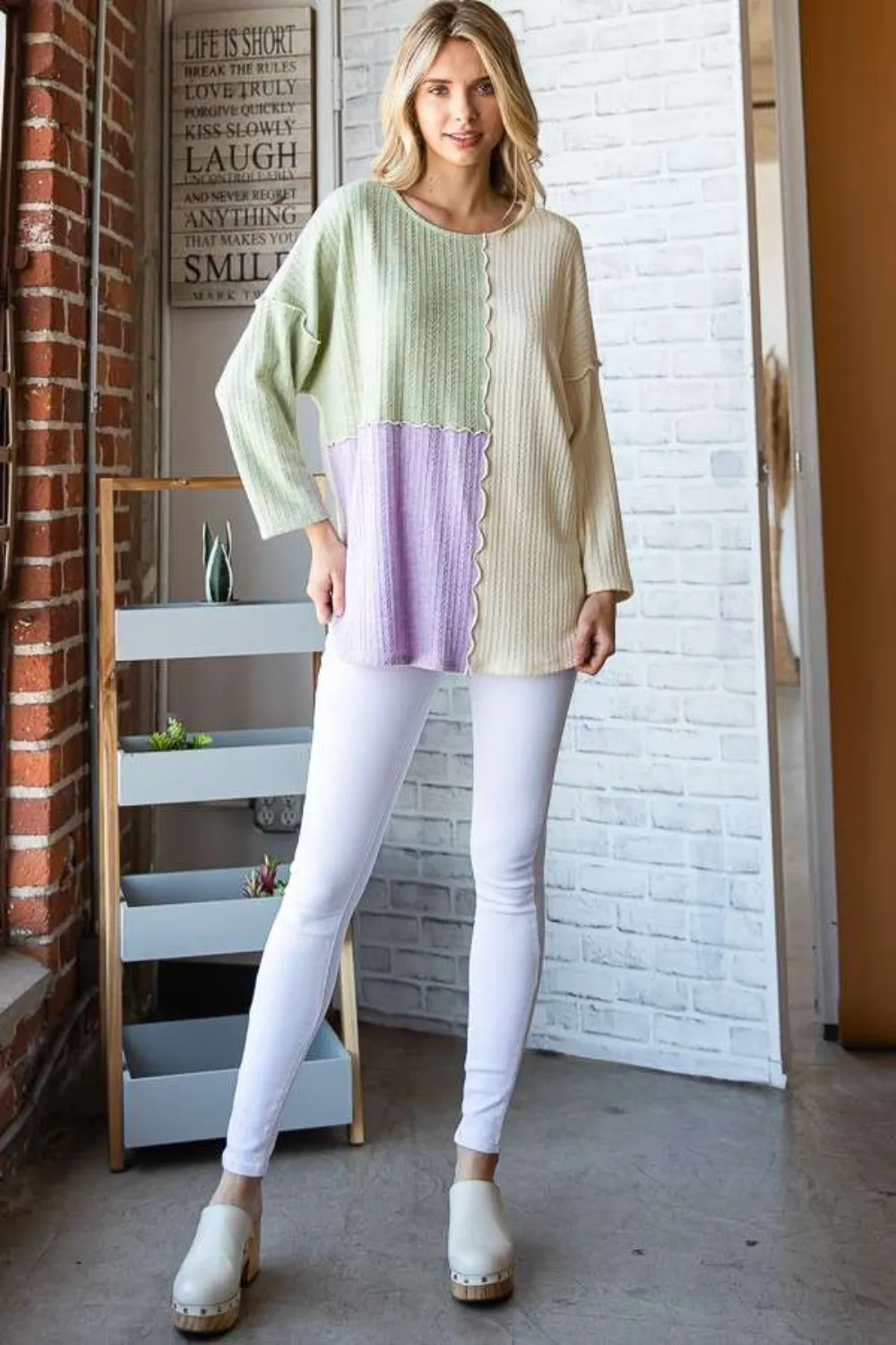 Color Block Round Neck Dropped Shoulder Blouse, image 4
