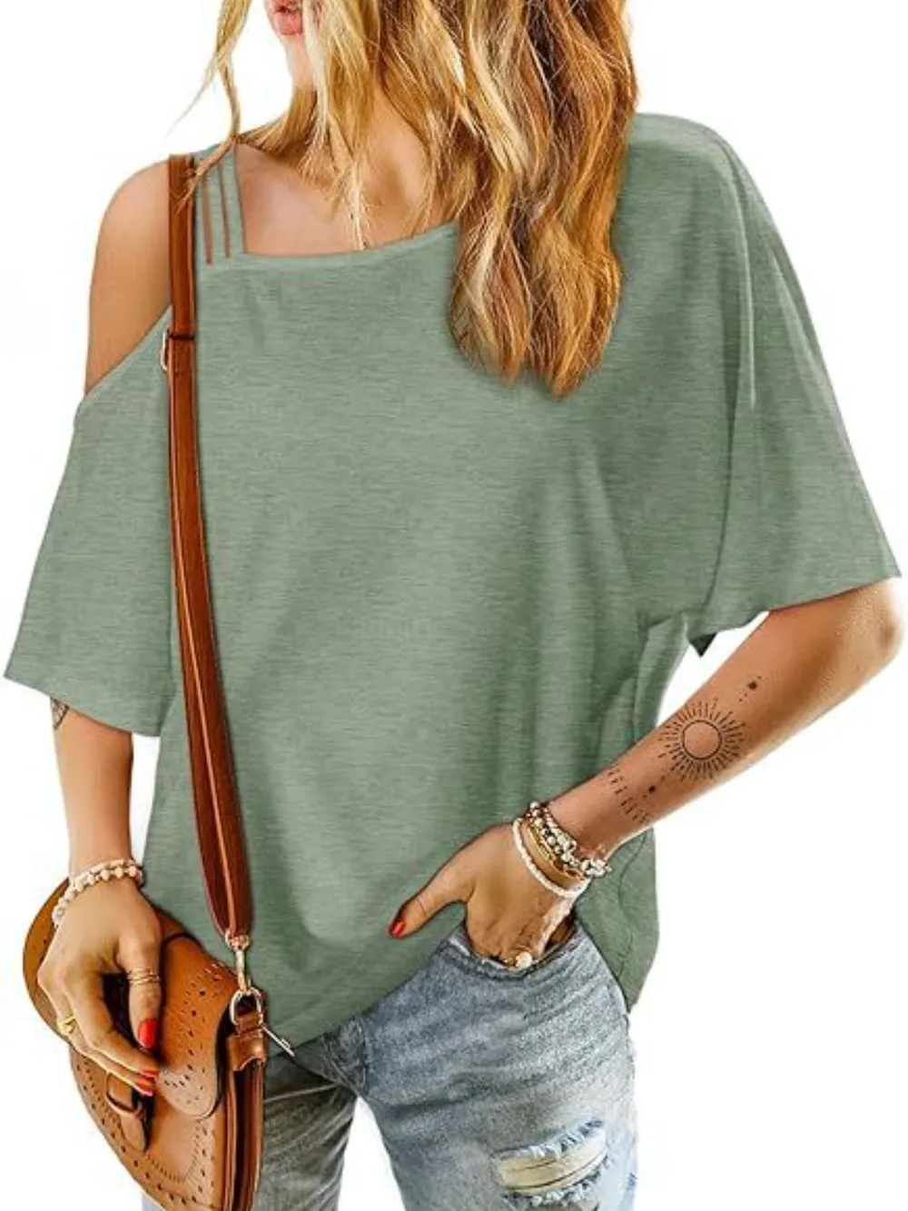 Asymmetrical Neck Half Sleeve T-Shirt, image 5
