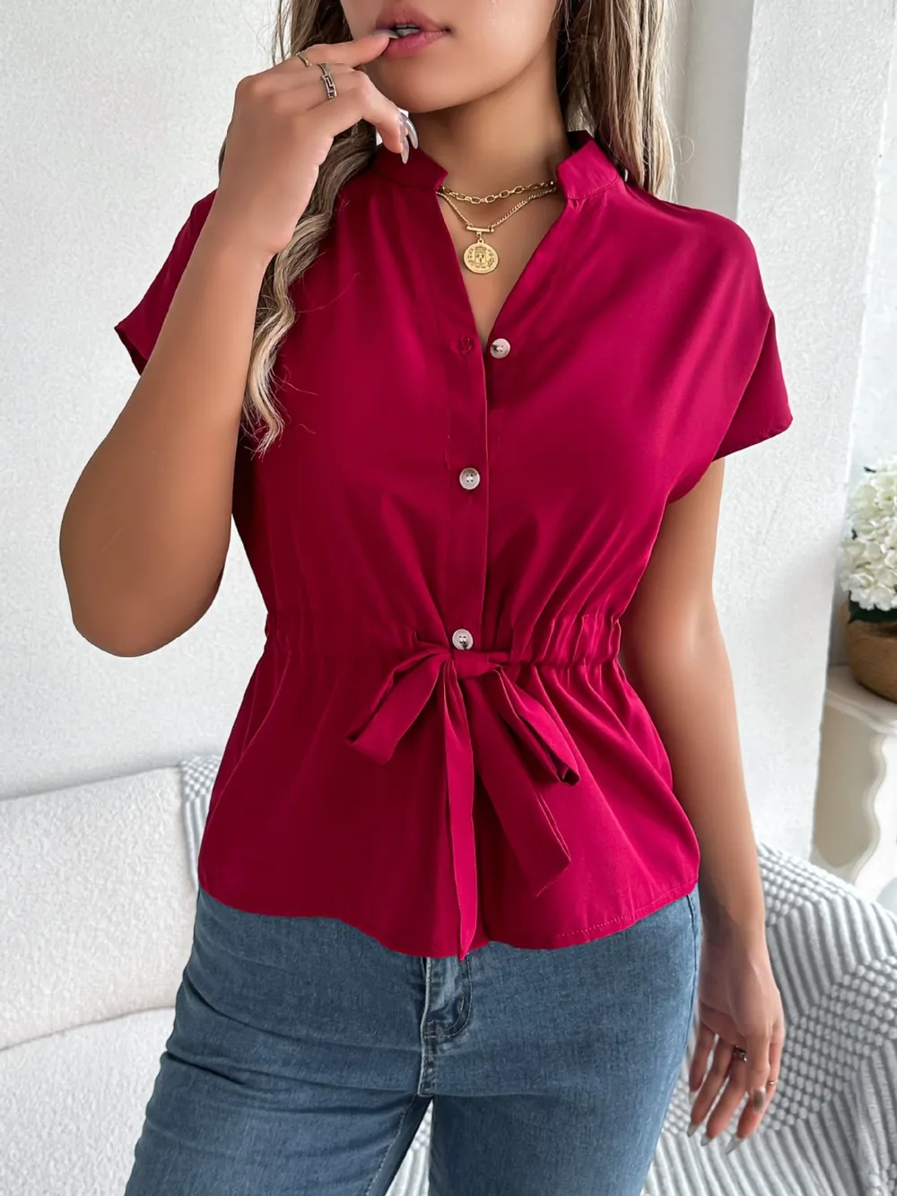 Notched Short Sleeve Blouse, image 15