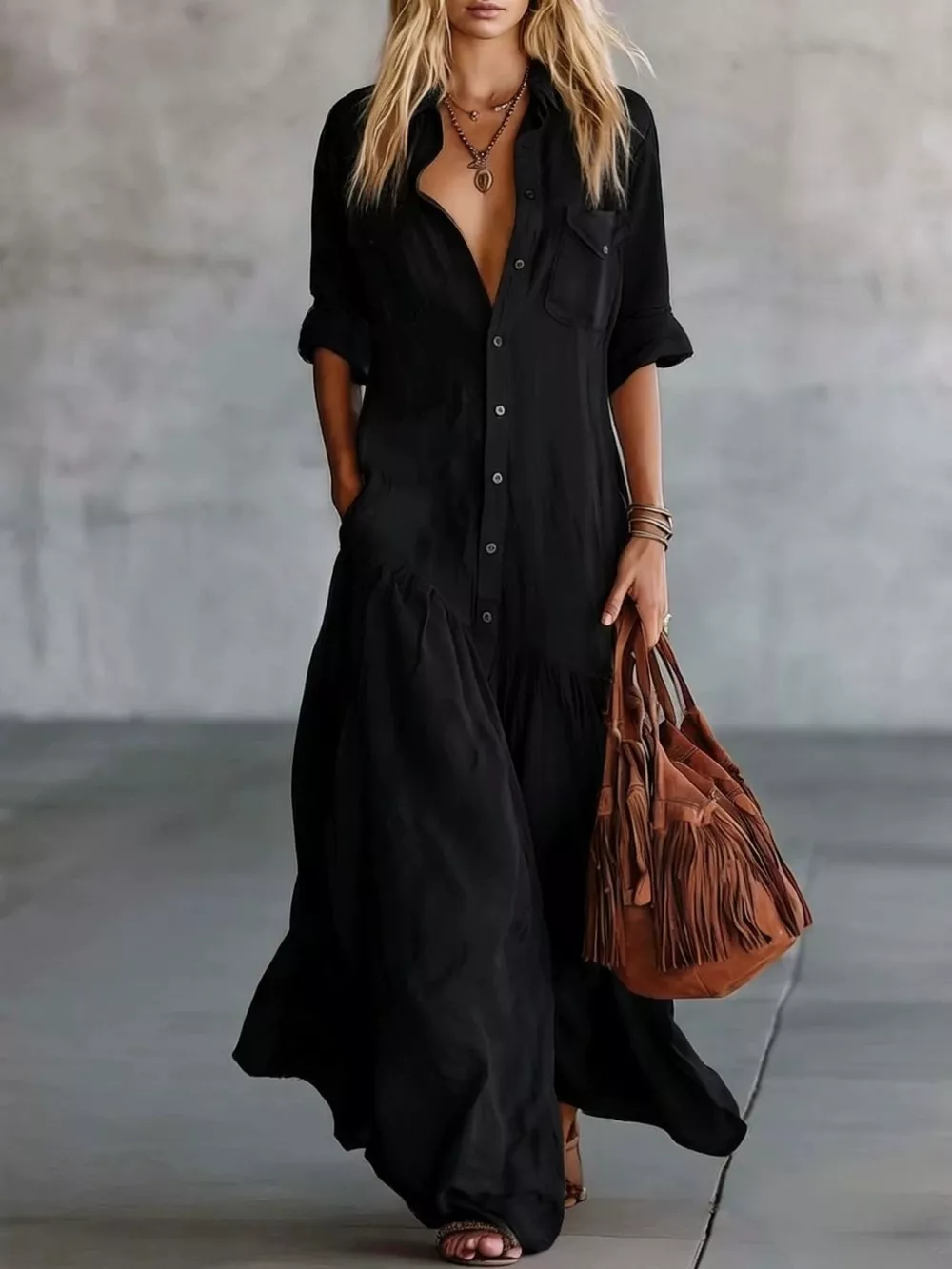 Full Size Button Front Roll-Up Sleeve Maxi Dress Plus Size, image 3