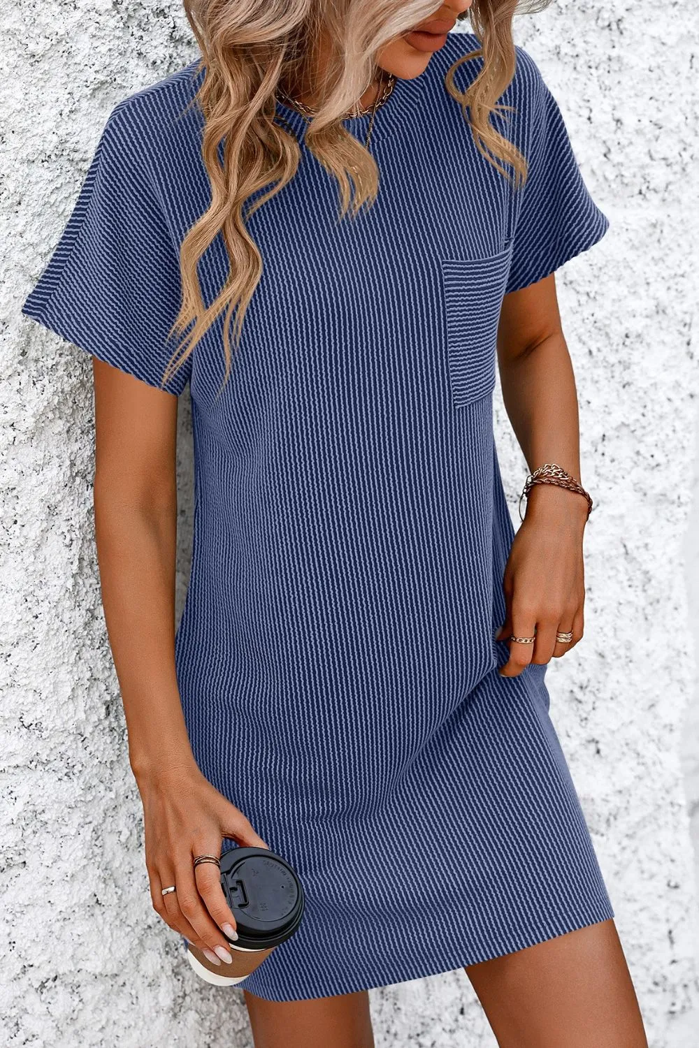 Ribbed Striped Short Sleeve Mini Tee Dress, image 11