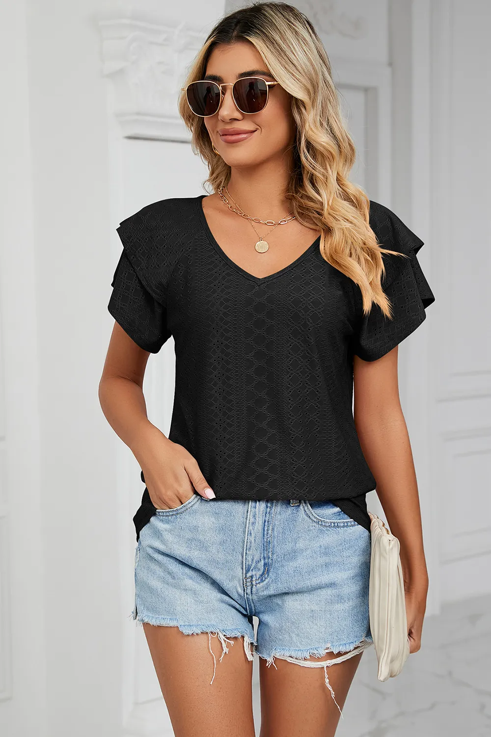Eyelet V-Neck Short Sleeve T-Shirt, image 11