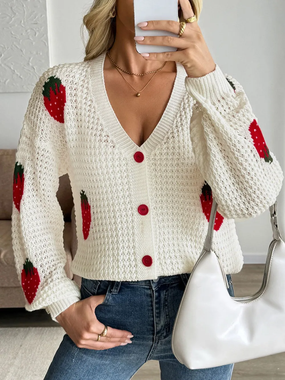 Strawberry Pattern V-Neck Button-Up Cardigan, image 3