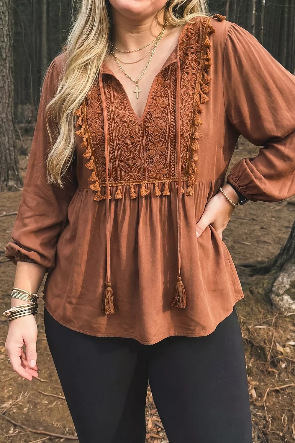 Plus Size V Neck Embroidered Tassel Long Sleeve Blouse