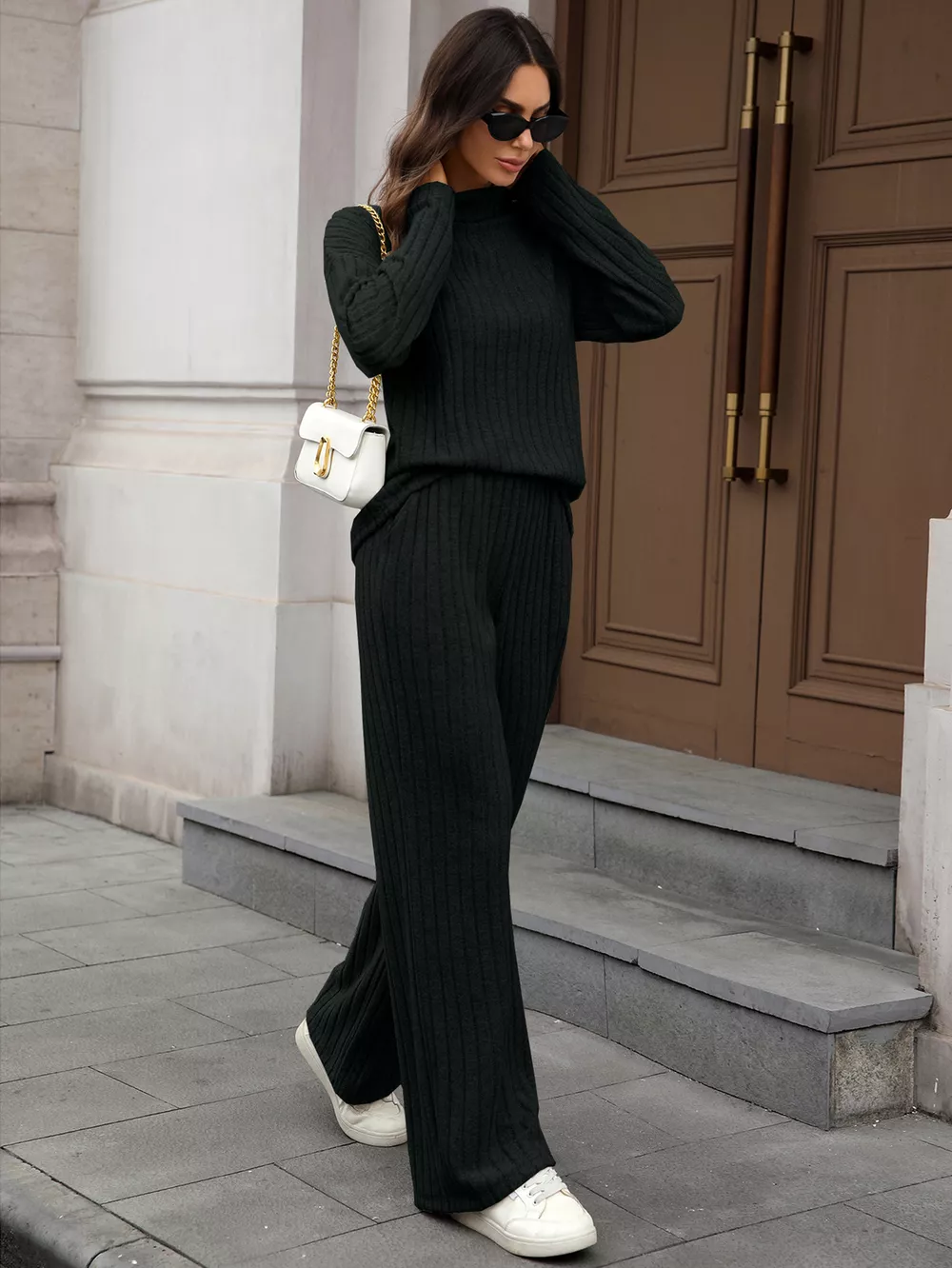 Ribbed Turtleneck Dropped Shoulder Top and Pants Sweater Set, image 26
