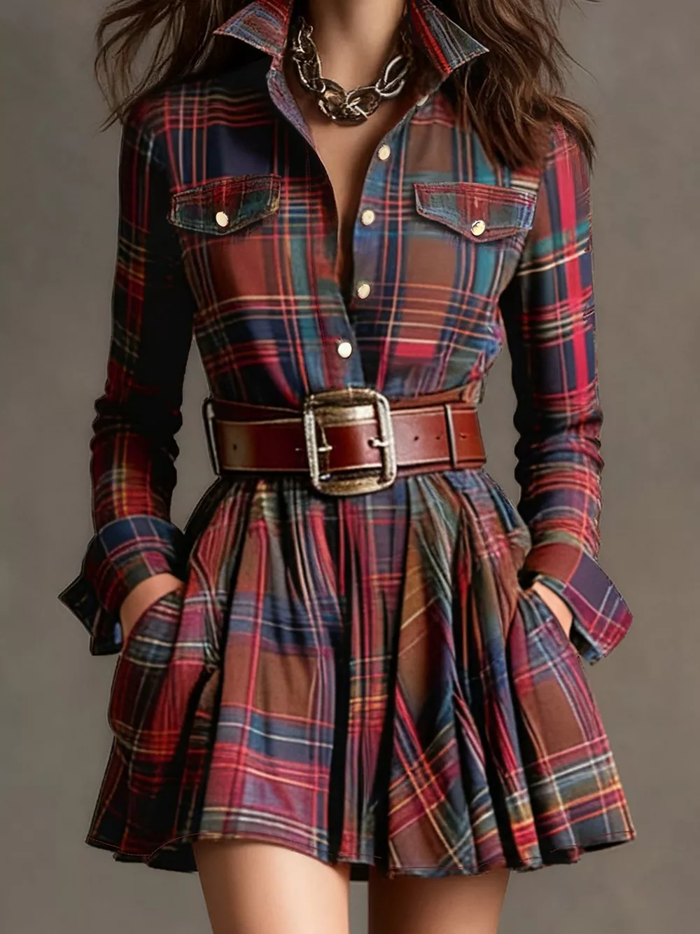 Plaid Long Sleeve Shirt Dress