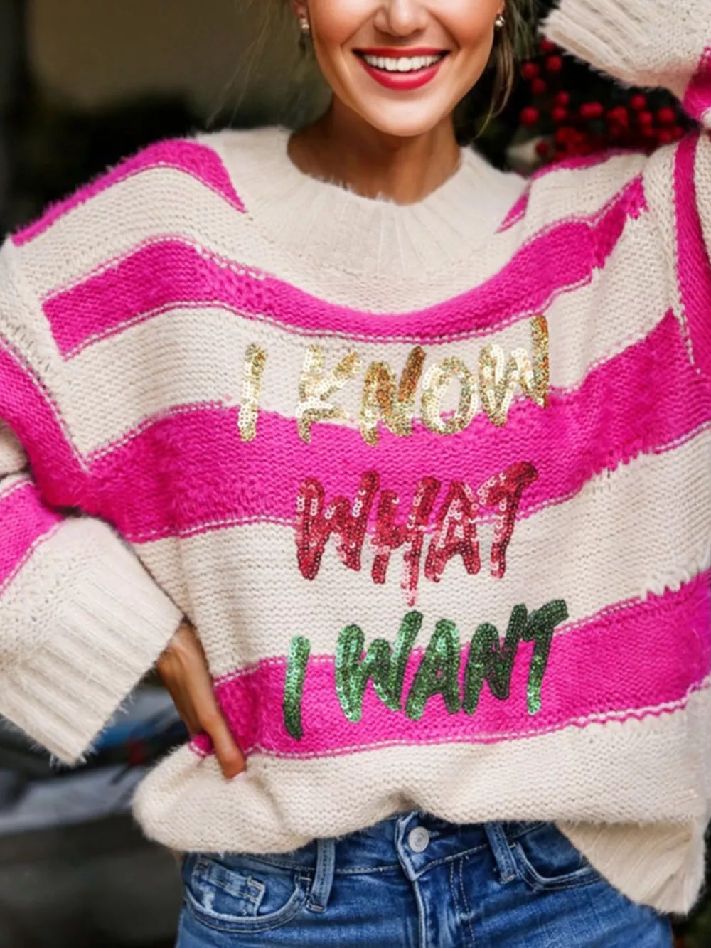 Sequin Letter Graphic Colorblock Loose Sweater, image 3