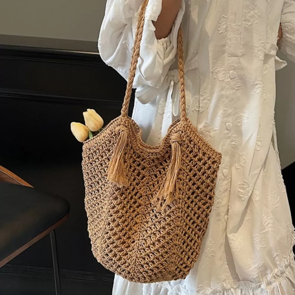 Crochet Shoulder Bag with Tassel Accents, image 5