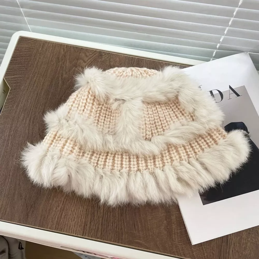 Fluffy Faux Fur Trim Knit Bucket Hat