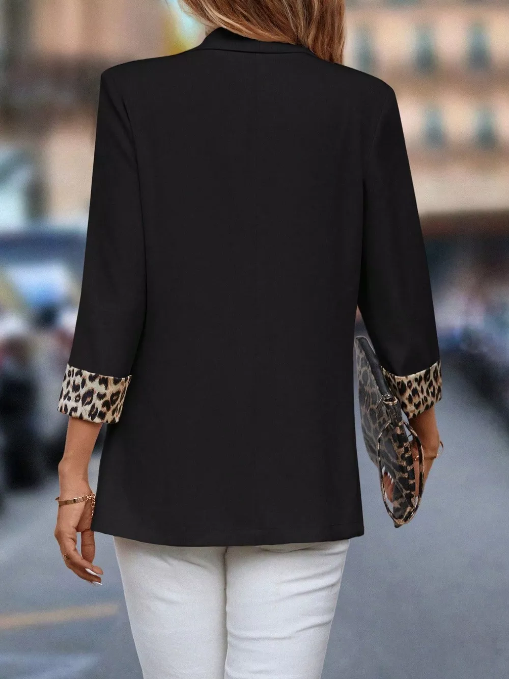 Leopard Lapel Collar Open Front Blazer, image 4