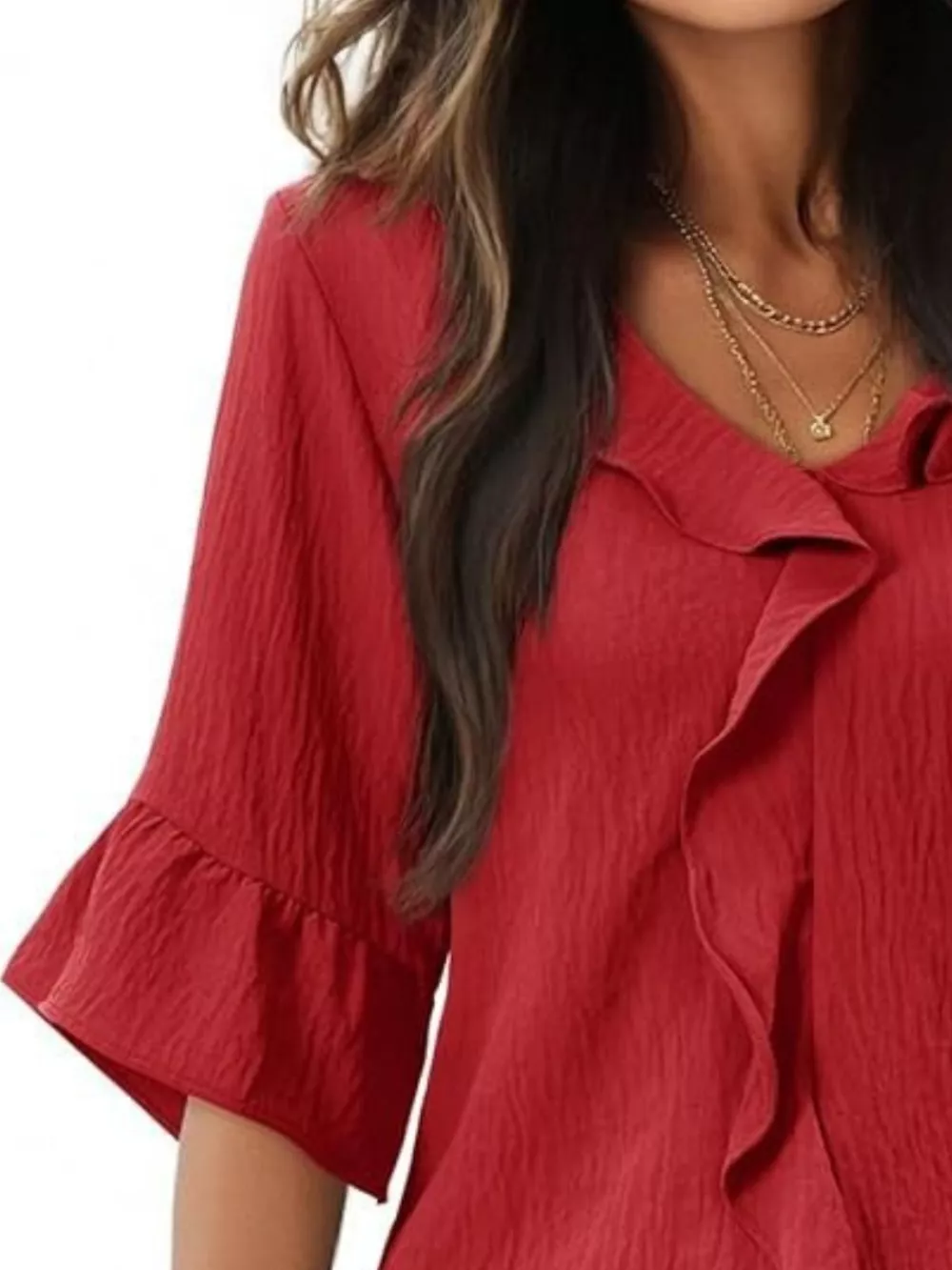 Ruffled V-Neck Bell Sleeve Blouse, image 3