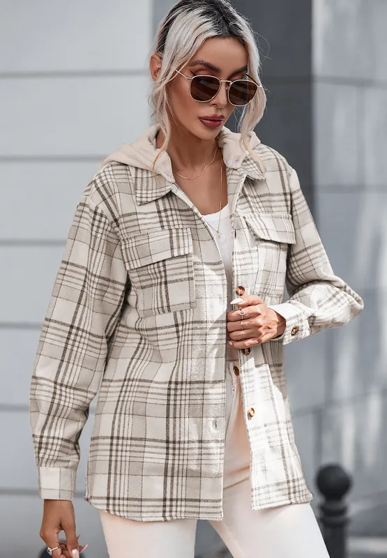 Plaid Removable Hood Button Up Shacket, image 9