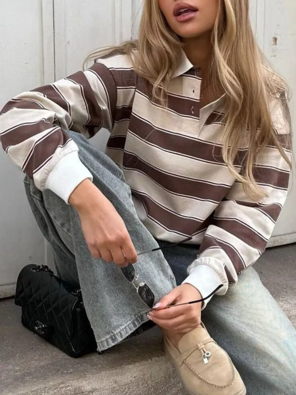 Striped Button Detail Long Sleeve Polo, image 6