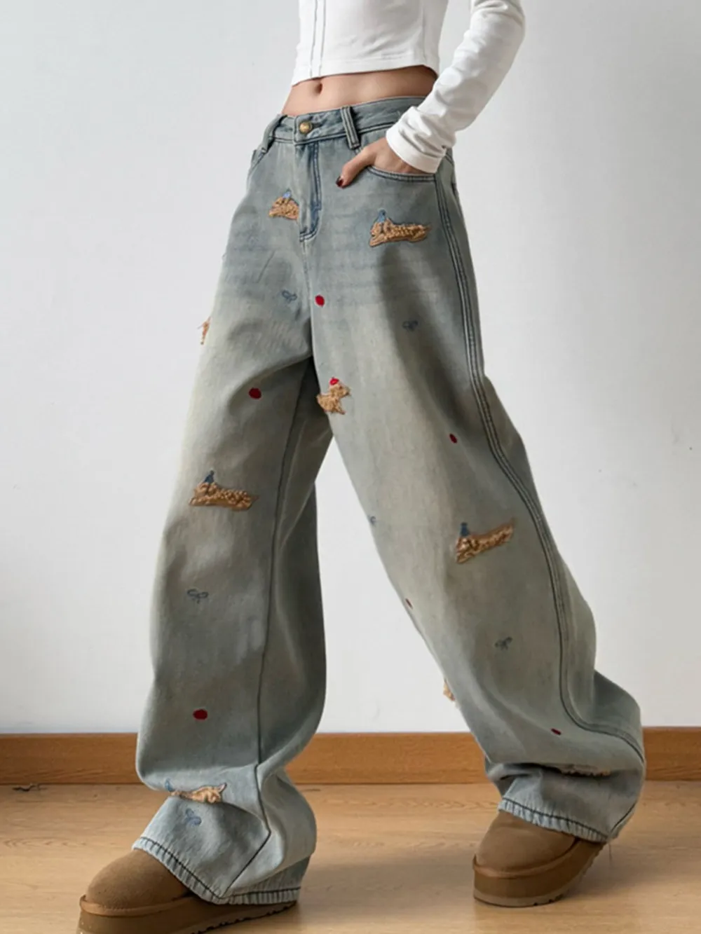 Embroidered Wide Leg Jeans, image 5