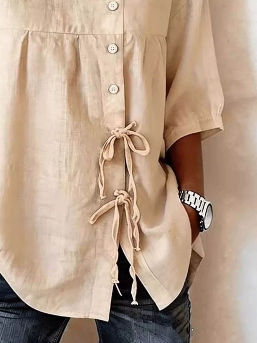 Full Size Decorative Button Tie-Front Blouse Plus Size, image 5