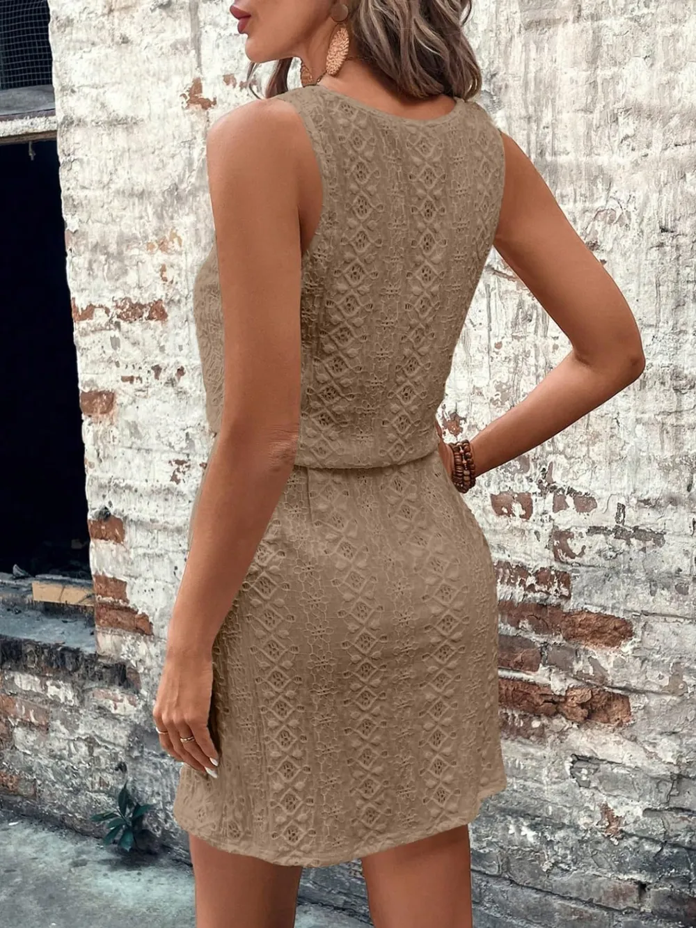 Eyelet Drawstring Round Neck Sleeveless Dress, image 11