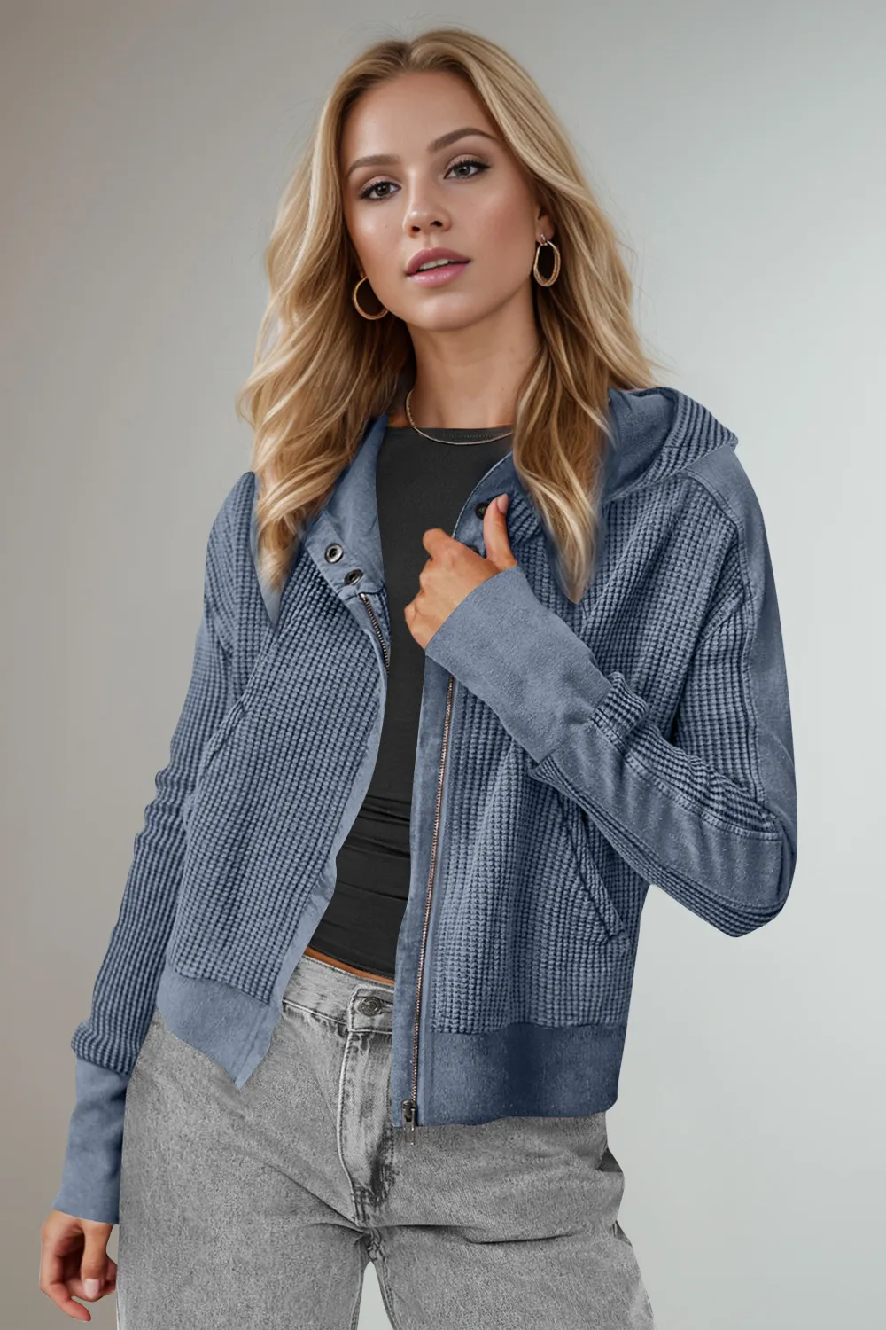 Waffle-Knit Zip Up Long Sleeve Hooded Jacket, image 3