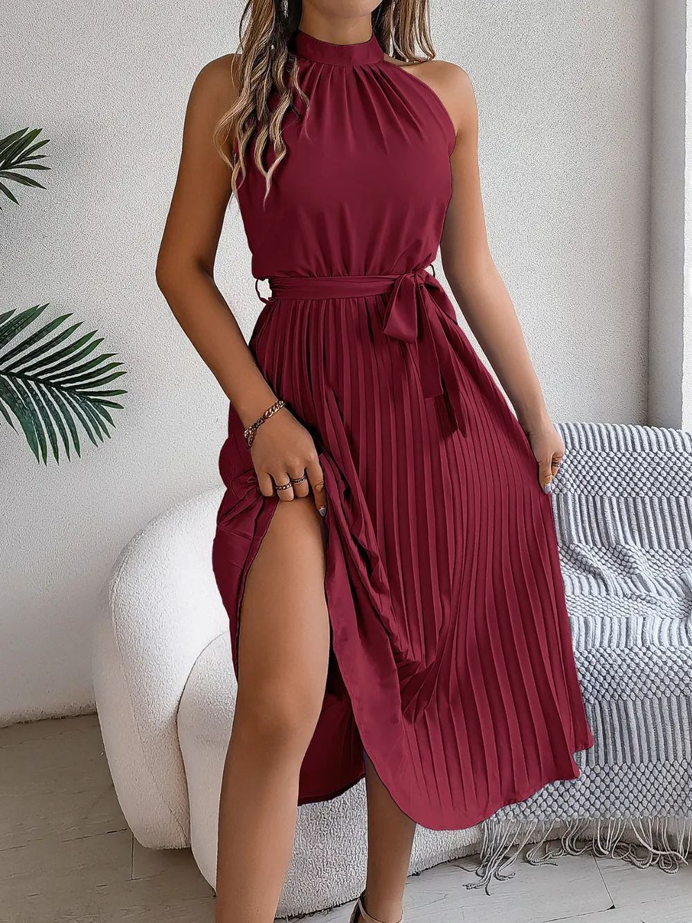 Pleated Tie Waist Sleeveless Midi Dress, image 10