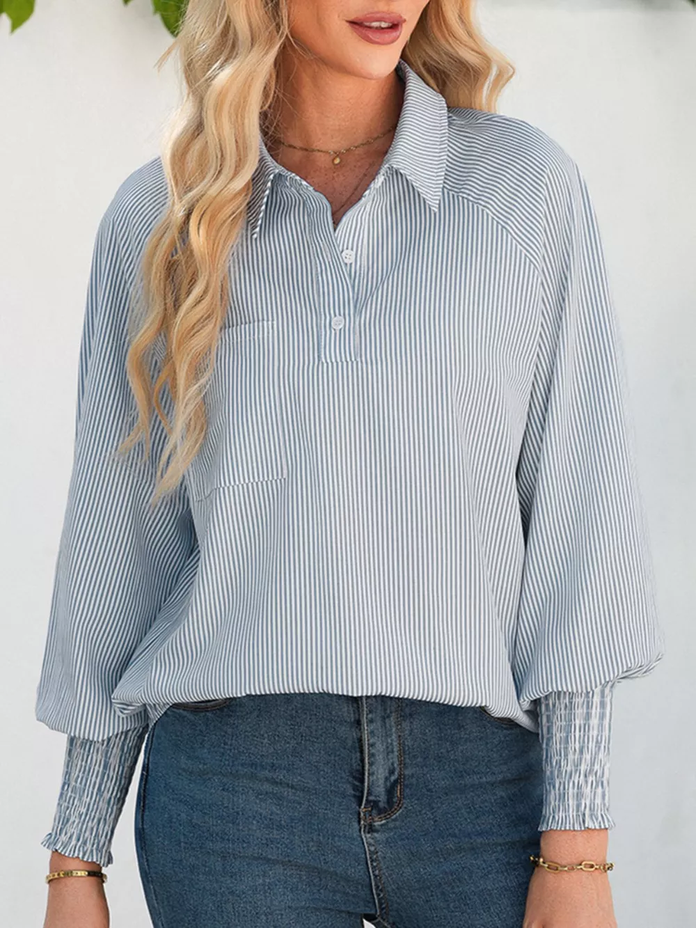 Pinstripe Long Sleeve Smocked Cuffs Button Shirt Collar Blouse, image 12