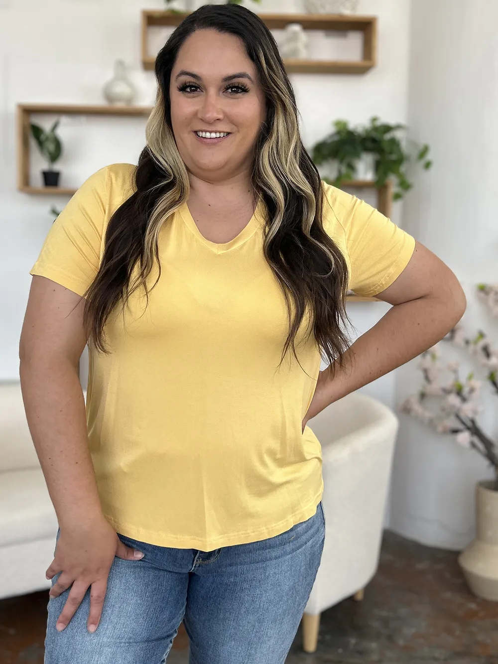 Bamboo Full Size V-Neck High-Low T-Shirt, image 13