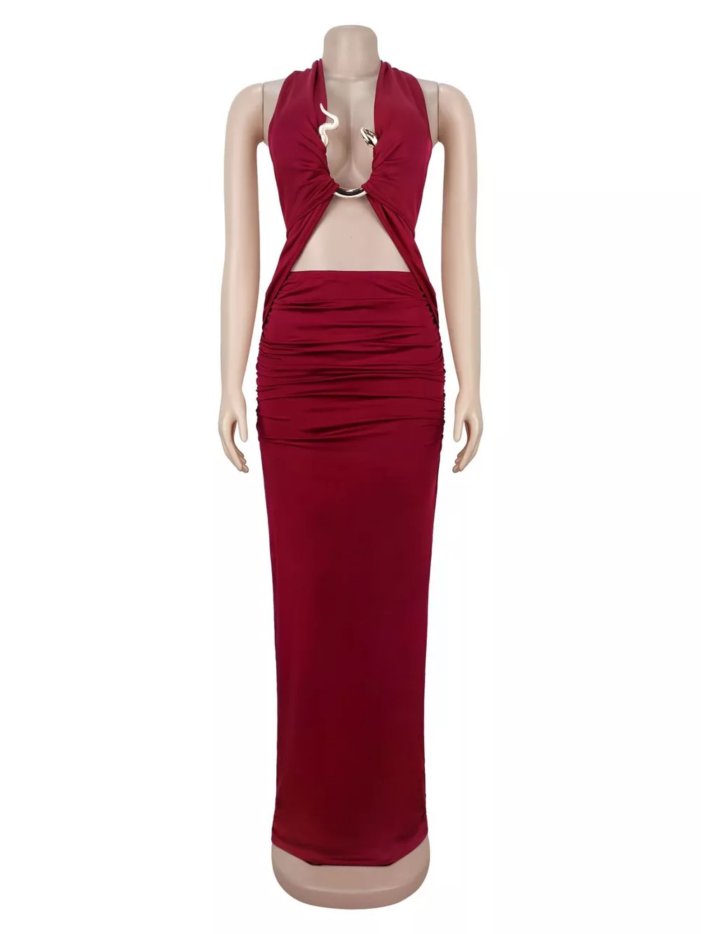 Backless Cut-Out Maxi Dress with Gold Hardware Detail
