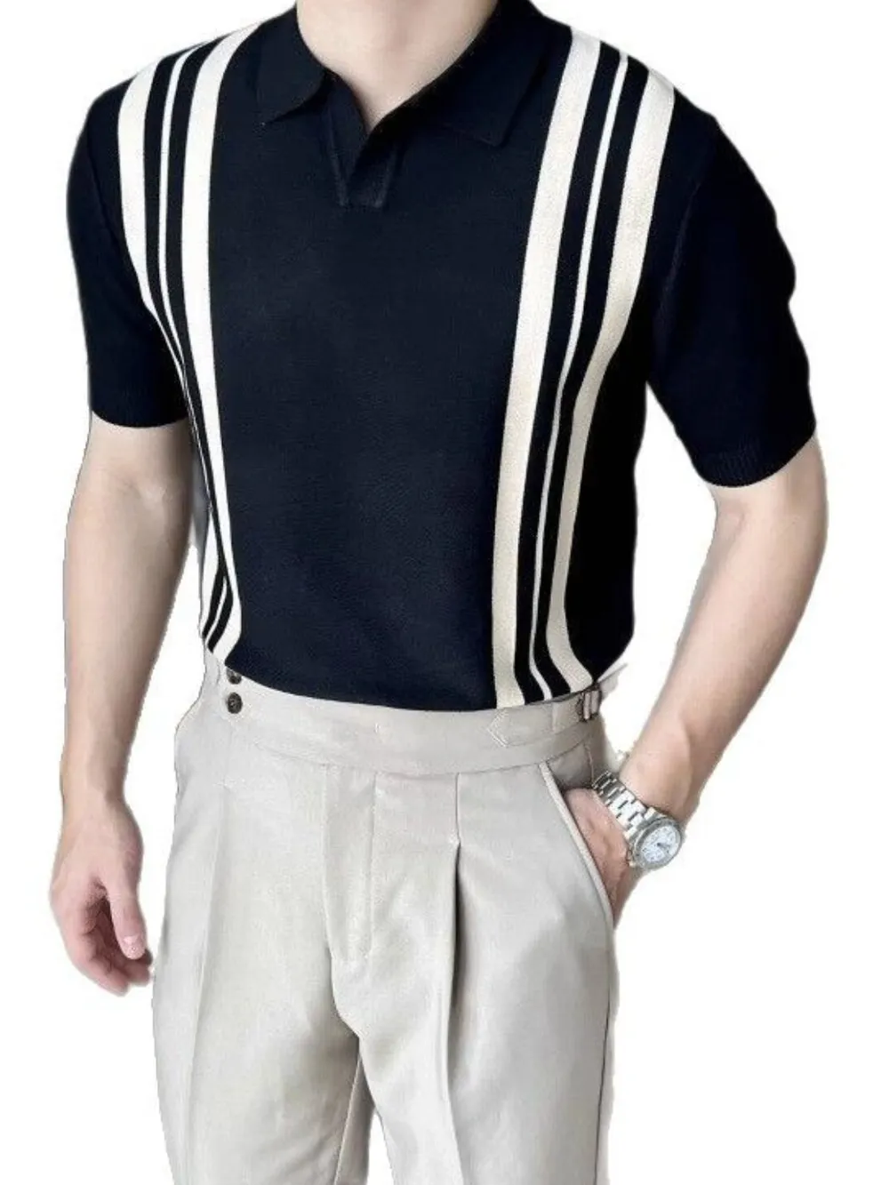 Men's Plus Size Contrast Collared Neck Short Sleeve Polo, image 4